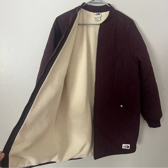 The North Face Womens Quilted Cuchillo Parka Large Coat Fleece Burgundy Maroon - Picture 13 of 16